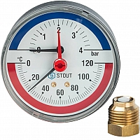 STOUT SIM-0005 Термоманометр аксиальный в комплекте с автоматическим запорным клапаном. Корпус Dn 80 мм 1/2, 0...120°C, 0-4 бар.